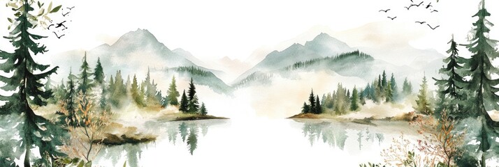 Rustic Wedding Invitation Suite Featuring Watercolor Wild Nature Landscape with Pine Scenery