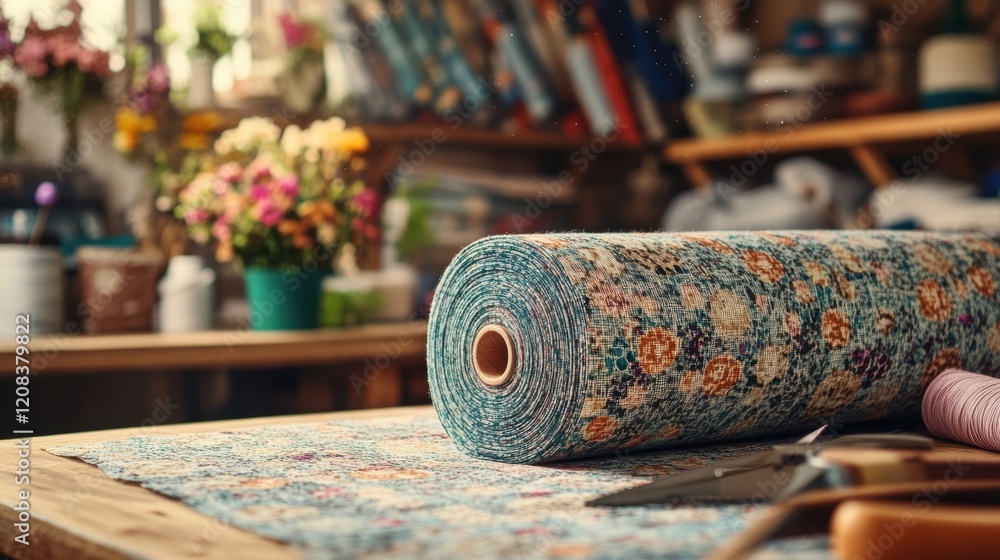Poster colorful fabric roll resting on workbench in a craft workshop with flowers and books in the backgrou