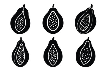 Papaya Flat Design Fruit Icon silhouette set. Papaya icon set vector