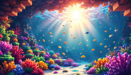 Fototapeta premium A digital illustration of a vibrant underwater scene featuring a coral reef with a variety of colorful marine life, including fish and coral formations. Pixel art background, pixel art wallpaper