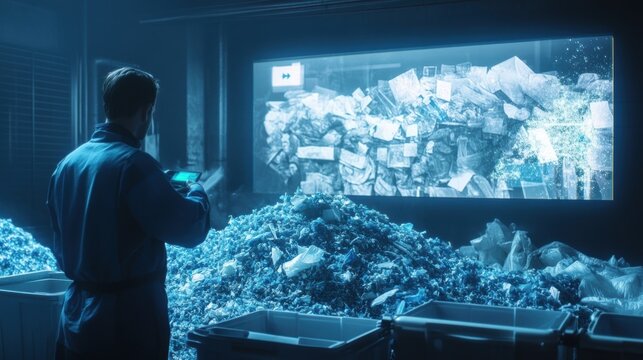 Waste management engineer using a futuristic digital interface analyzing plastic waste for recycling and sorting, improving efficiency and sustainability in a modern recycling facility - Powered by Adobe