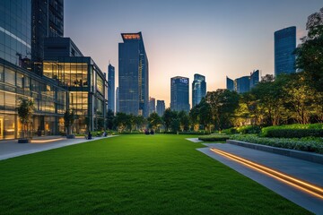 Modern Urban Retreat: Serene Green Space in Shanghai at Dusk, Surrounded by City Buildings and Lush Lawns