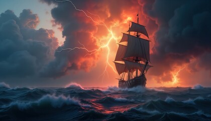 Old sailing ship sails rough ocean. Stormy seas, lightning illuminate dramatic sunset. Powerful wind pushes ship. Brave crew navigates intense storm. Epic nautical scene. High seas. Dangerous