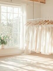 beautiful wedding dresses hanging on hangers in a beautiful bright modern studio with large windows. wedding concept