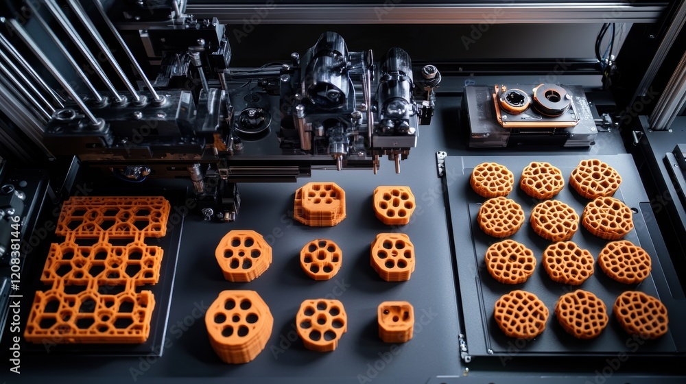 Poster modern 3d printer is creating various orange plastic prototypes on a platform, showcasing additive m