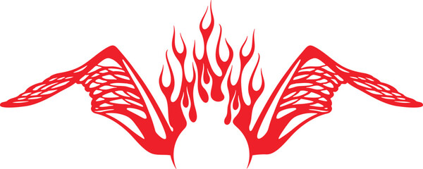 Vector flame wings for vehicle vinyl decals, clothing stickers, mascot designs, vintage labels. Ready-to-cut fiery wings hood decal for race and hot rod vehicles, ATVs, trucks, motors, bikes.