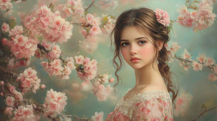 Fototapeta premium Dreamy Young Woman with Cherry Blossoms in Romantic Portrait Style