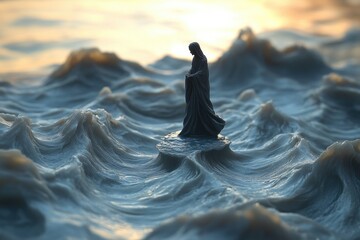 A surfer's figure stands out against the blue ocean, with the sun setting in the background