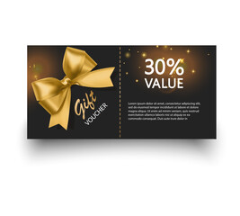 Gift voucher template with Gold realistic ribbon. Vector illustration. Design for invitation, certificate, gift coupon, ticket or voucher