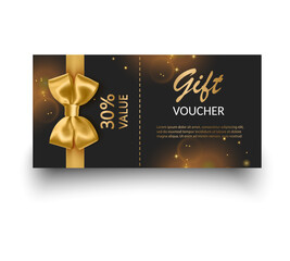 Gift voucher template with Gold realistic ribbon. Vector illustration. Design for invitation, certificate, gift coupon, ticket or voucher