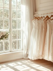 beautiful wedding dresses hanging on hangers in a beautiful bright modern studio with large windows. wedding concept