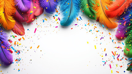Am oberen Rand ragen bunte Federn vor wei&szlig;em Hintergrund, buntes Konteffit liegt im Bild, isolierte Freifl&auml;che mittig, Querformat
