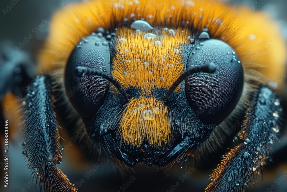 Poster A close-up shot of a bee's face covered in water droplets, perfect for use in nature-inspired designs or scientific illustrations