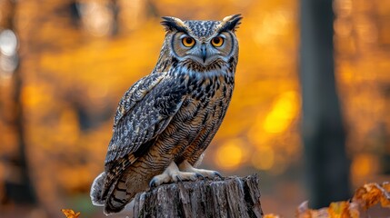 Majestic great horned owl perched on a stump in autumn forest.