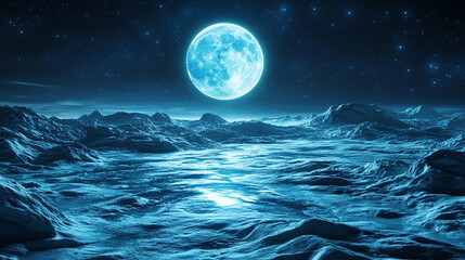 A black moon night with full lunar glow casting light across the universe, creating a serene, mystical atmosphere with bright tones and a blurred, empty space for captions

