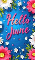 Naklejka premium Colorful Floral Background with Hello June Text and Bright Flower Elements on a Blue Backdrop for Seasonal Celebrations and Events