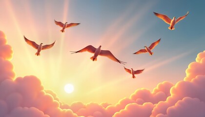 Five birds soar freely in sky filled with clouds at sunrise. Beautiful colors of dawn sky add sense of freedom, peace. Flock of birds flying in bright sky. Flying in air above soft clouds. Scene