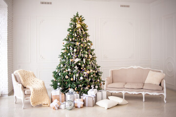 Elegant Christmas interior with a decorated tree in gold and white, wrapped gifts, a vintage beige sofa, and an armchair with a cozy knit blanket. Bright white walls create a festive, minimalism