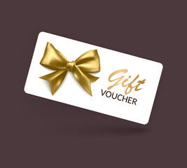 Gift voucher template with Gold realistic ribbon. Vector illustration. Design for invitation, certificate, gift coupon, ticket or voucher