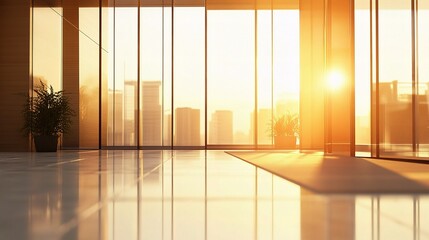 Fototapeta premium Modern Glass Office Building Bathed in Warm Sunlight