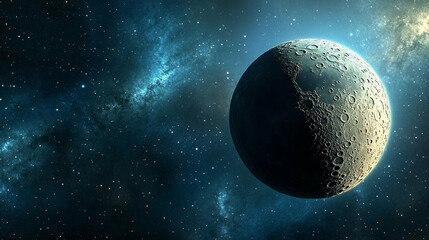 A black moon night with full lunar glow casting light across the universe, creating a serene, mystical atmosphere with bright tones and a blurred, empty space for captions

