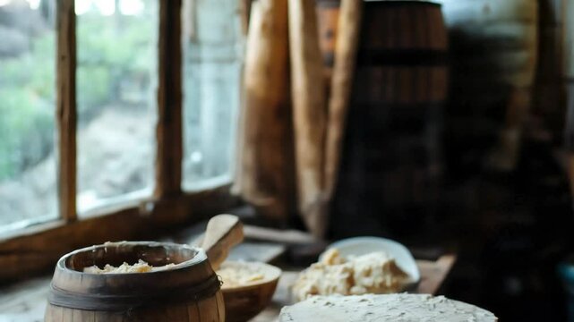 Inside a rustic workshop, artisans engage in the timeless craft of Circassian cheese making.