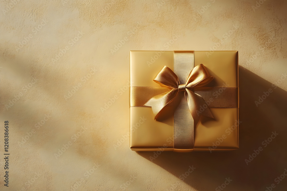 Poster minimalistic single gift box wrapped in gold paper and tied with satin ribbon placed on smooth backg