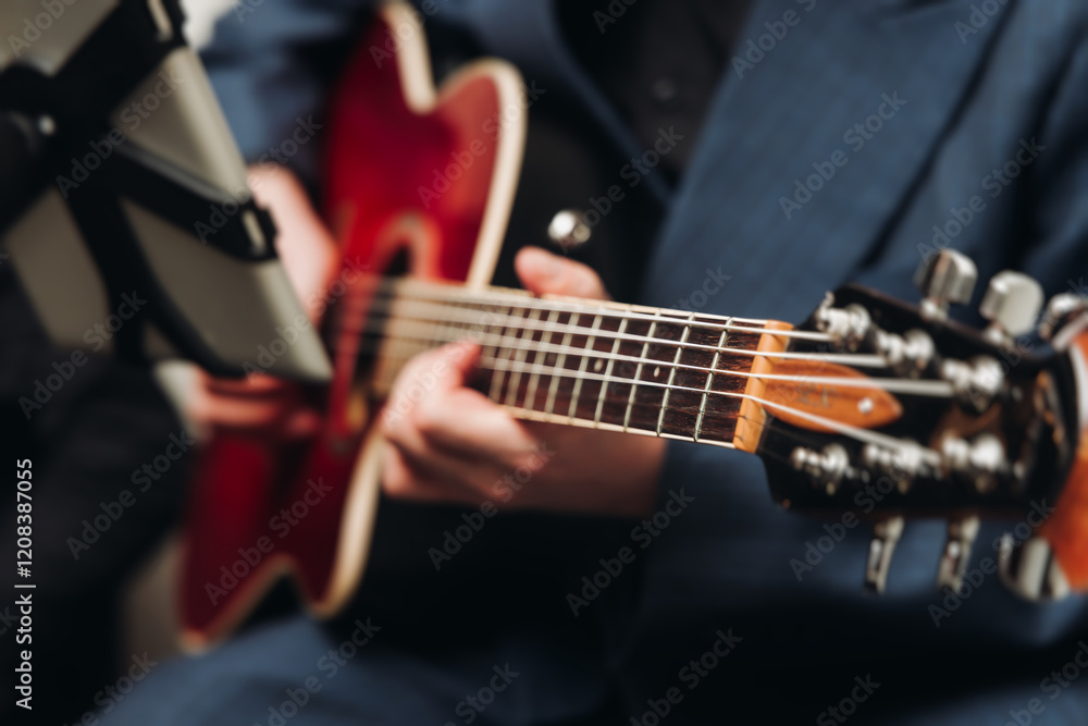 Wall mural Concert view of an electric guitar player with vocalist and rock band performing in a club, male musician guitarist on stage with audience in a crowded concert club hall arena, hands on a guitar