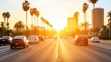 Obraz premium A vibrant sunset illuminates a city road lined with palm trees, creating a warm and inviting atmosphere.