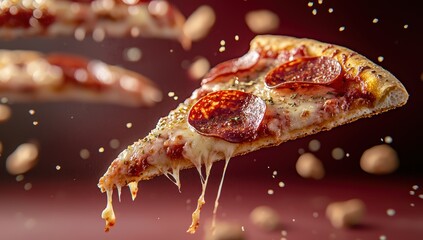 Pepperoni pizza slices with melted cheese flying in the air against a red background