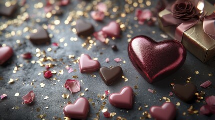 Obraz premium Romantic heart-shaped chocolates and rose petals with gift box on dark surface