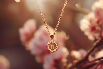 Fototapeta premium Gold necklace with number eight pendant hanging in front of blurred pink flowers