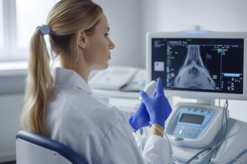 Doctor in white coat examines ultrasound results in a clinical setting