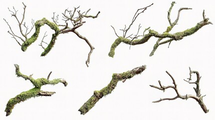 Fototapeta premium Dried Mossy Tree Branches Collection Isolated on White Background