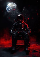 Naklejka premium Un espace sombre avec la planète Terre en arrière-plan, un astronaute, vue de face, assis sur une chaise portant une combinaison spatiale et un casque noir, lumière rouge.