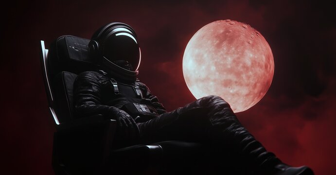 Un astronaute, vue de profil, avec la lune en arri&egrave;re-plan, assis sur un fauteuil portant une combinaison spatiale et un casque noir, lumi&egrave;re rouge.