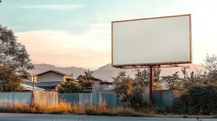 Empty White Billboard Mockup in Quiet Suburban Neighborhood at Sunset with Copy Space