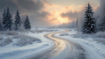 Winding Snowy Road Through a Peaceful Winter Landscape at Sunset