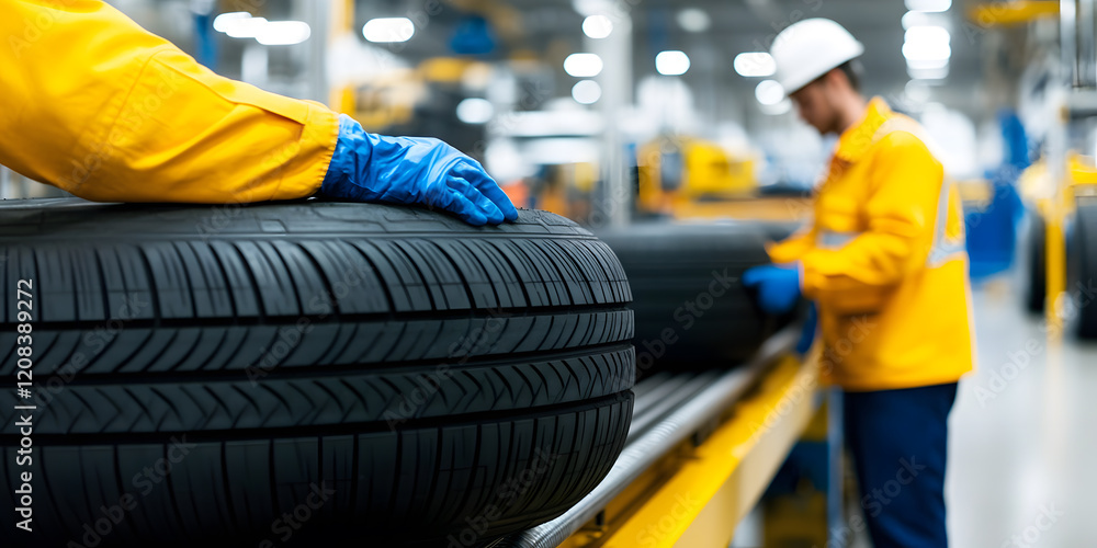 Poster close-up of a worker's gloved hand resting on a tire on a production line in a factory setting.