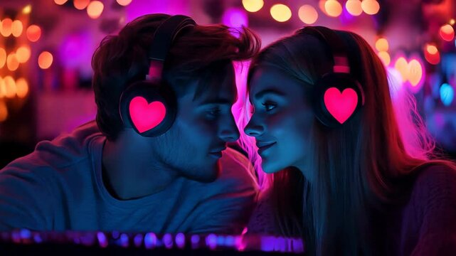 In a cozy gaming space adorned with colorful lights, a young couple shares a moment of connection while playing an online quest together.
