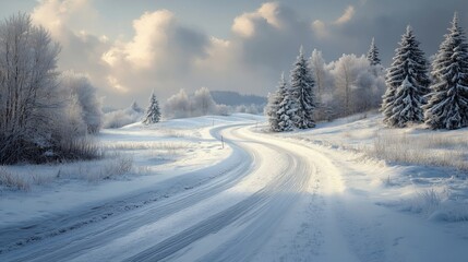 Breathtaking View of a Winding Snowy Road in Winter Landscape