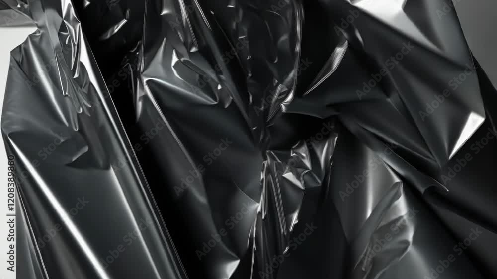 Aufkleber shiny black plastic texture drapes with deep folds and shadows in an abstract display of light and f