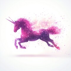 Magical pink unicorn galloping, sparkles, fantasy, white background, children's book illustration