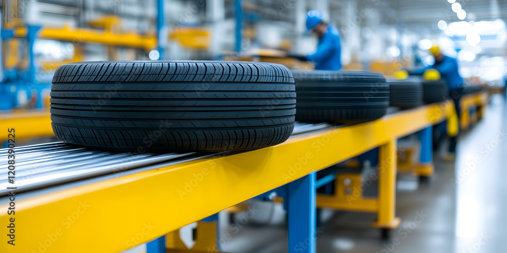 Poster close-up of tires on a conveyor belt in a factory setting. workers are visible in the background, su
