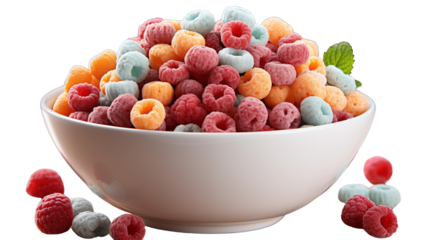 Cheerful cereal rings in a white ceramic bowl, perfect for kids' breakfast or snack ideas, studio view, isolated on transparent background.