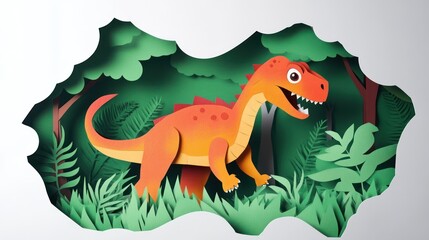 Playful Paper Dinosaur: A cheerful orange dinosaur crafted from paper, playfully emerges from a lush green jungle scene created with paper cut-out artistry.
