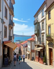 Charming coastal street with buildings and visitors near the water on a sunny day in a quaint town