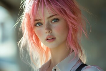 A person with vibrant pink hair poses for the camera