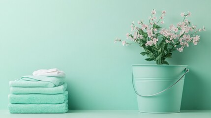 Mint towels, flowers, bucket, pastel wall, spring