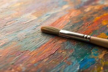 Fototapeta premium Close-up of a paintbrush resting on a colorful abstract canvas, perfect for artistic wallpapers, backgrounds, or creative design concepts.
